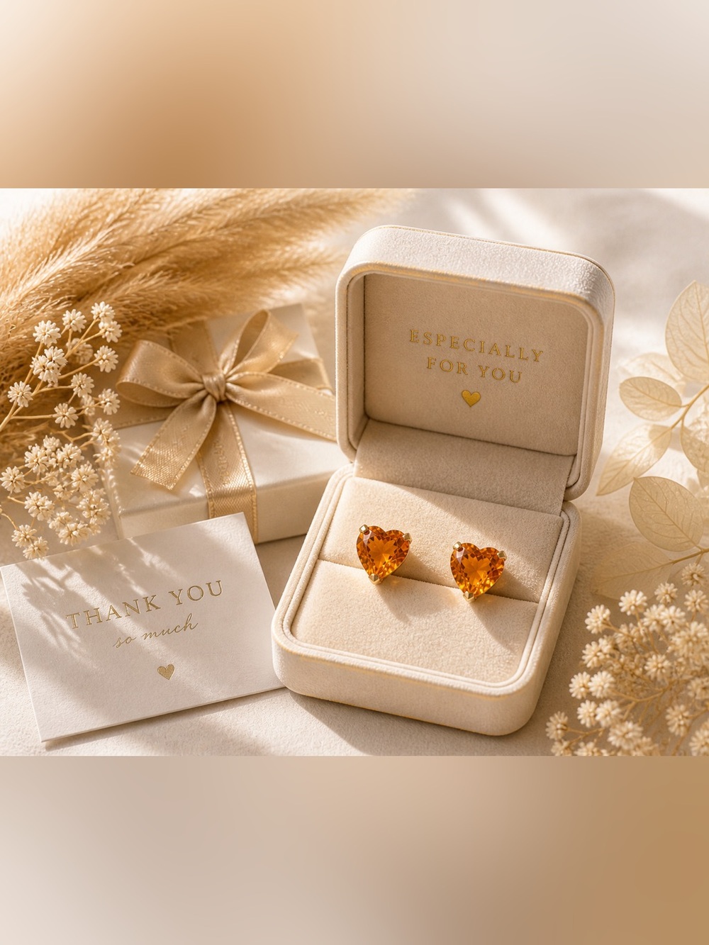 18k Japan 5mm 2 carat natural Citrine-Color Heart Stud Earrings - Women Jewelry
